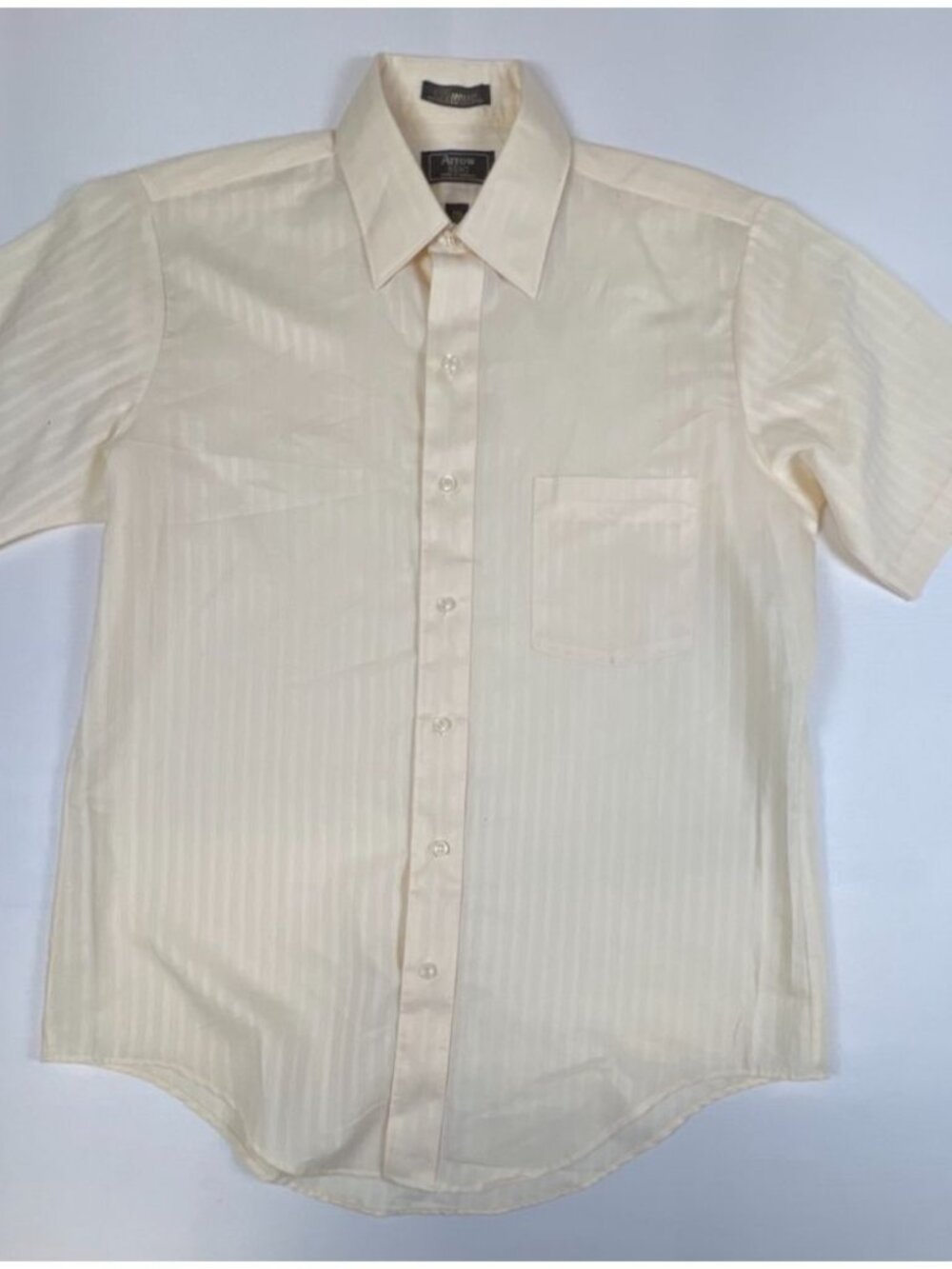 Arrow Kent Finesse Men 15.5 M Cream Ivory Striped Short Sleeve Shirt Made in USA